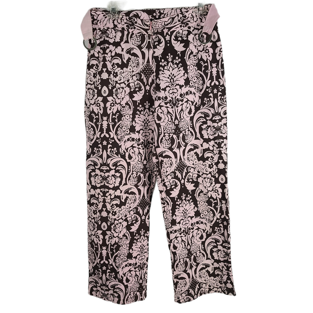 LaVie Boheme High Waist Ankle Pants Damask Print Brown Pink 8